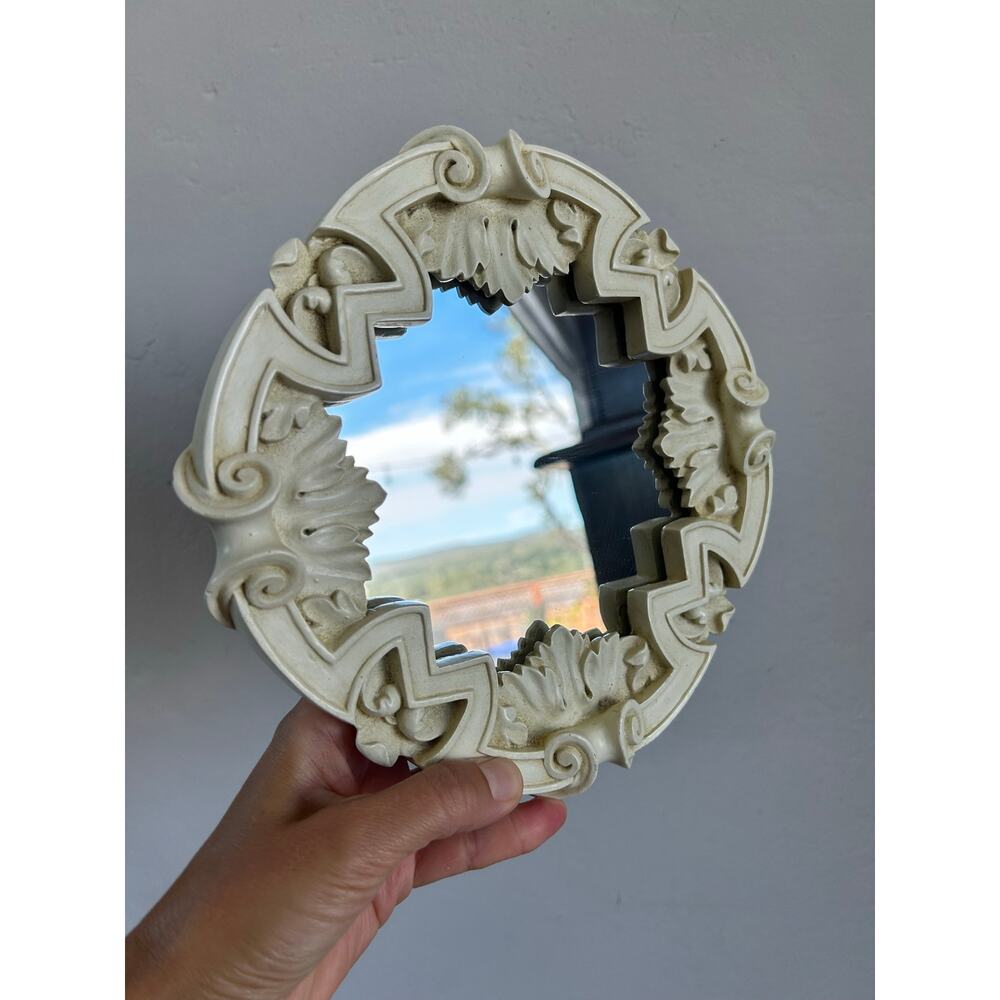 Vintage 8" Resin Round Wall Mirror, Antiqued White Baroque Scalloped Frame